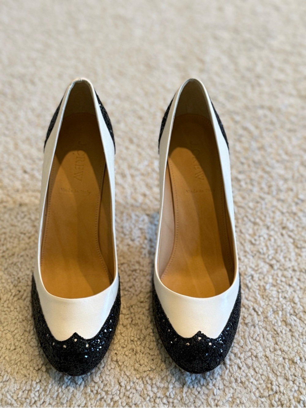 J. Crew Black Glitter and White Leather Tuxedo Cap-Toe Pumps - Picture 1 of 7